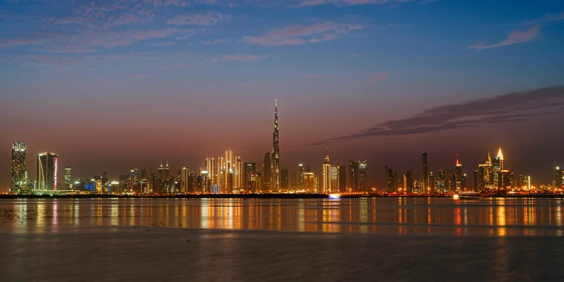 Illuminated Downtown of Dubai with Burj Khalifa